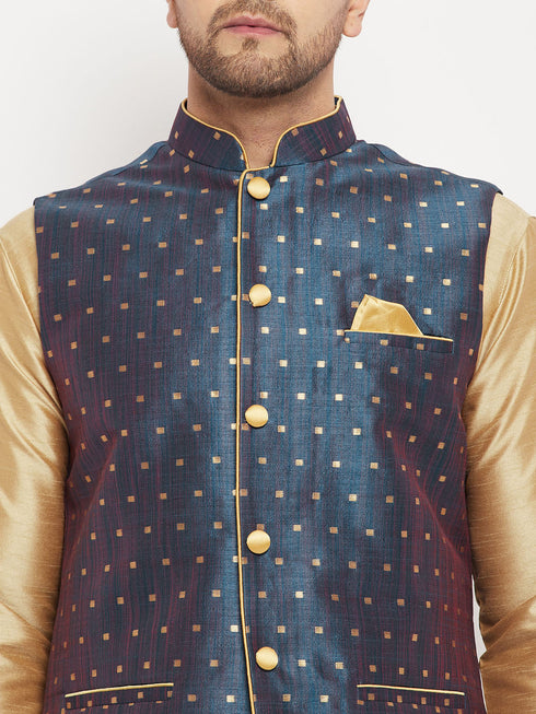 Vastramay Men's Blue Zari Weaved Jacket With Kurta Pant Set