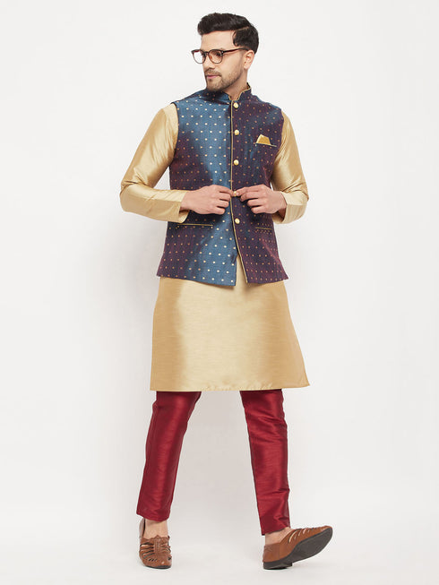Vastramay Men's Blue Zari Weaved Jacket With Kurta Pant Set