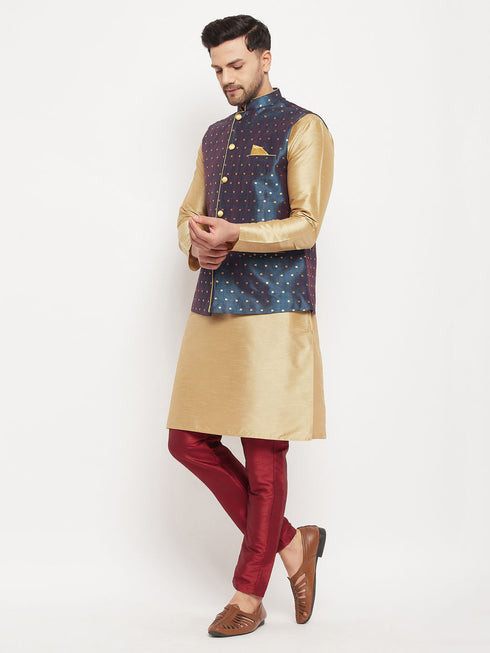 Vastramay Men's Blue Zari Weaved Jacket With Kurta Pant Set
