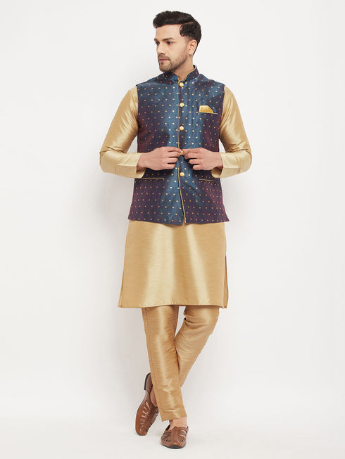 Vastramay Men's Blue Zari Weaved Jacket With Kurta Pant Set