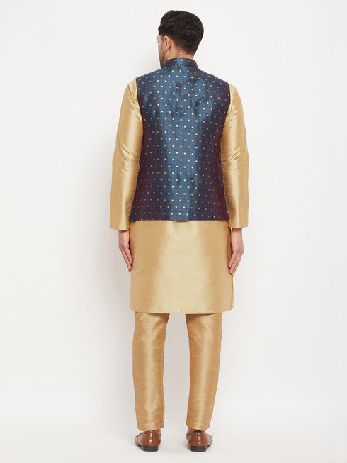 Vastramay Men's Blue Zari Weaved Jacket With Kurta Pant Set