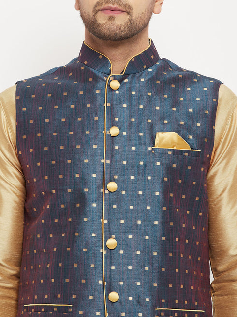 Vastramay Men's Blue Zari Weaved Jacket With Kurta Pant Set