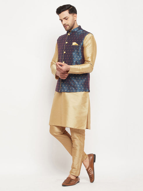 Vastramay Men's Blue Zari Weaved Jacket With Kurta Pant Set