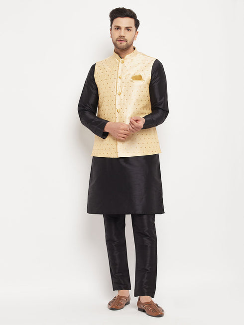 Vastramay Men's Gold Zari Weaved Jacket With Kurta Pant Set