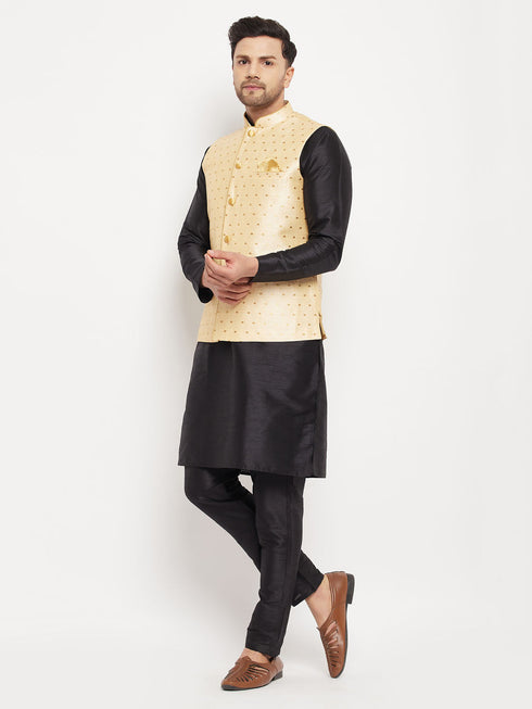 Vastramay Men's Gold Zari Weaved Jacket With Kurta Pant Set