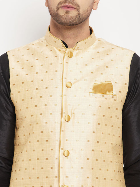 Vastramay Men's Gold Zari Weaved Jacket With Kurta Pant Set