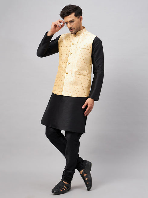 Vastramay Men's Gold Zari Weaved Jacket With Kurta Pyjama Set