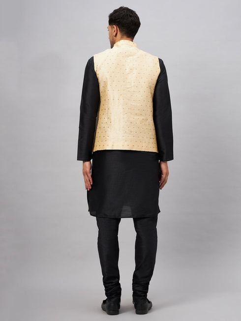 Vastramay Men's Gold Zari Weaved Jacket With Kurta Pyjama Set