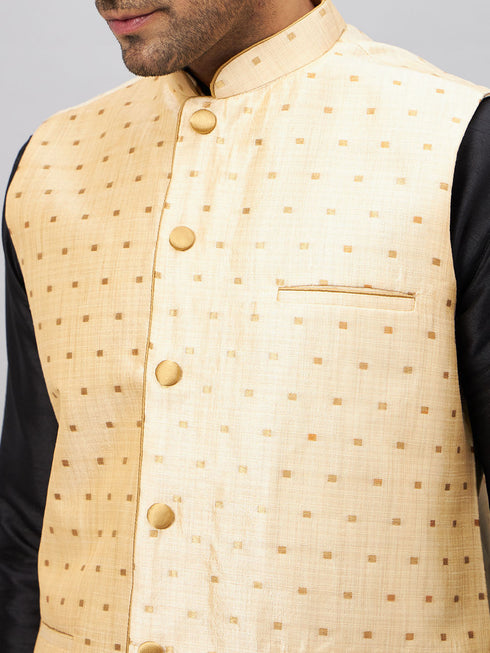 Vastramay Men's Gold Zari Weaved Jacket With Kurta Pyjama Set