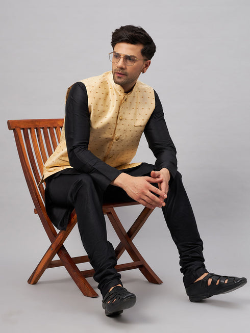 Vastramay Men's Gold Zari Weaved Jacket With Kurta Pyjama Set