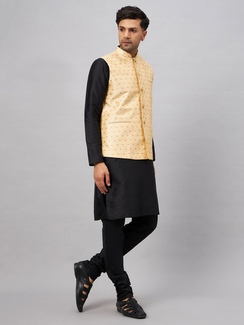 Vastramay Men's Gold Zari Weaved Jacket With Kurta Pyjama Set