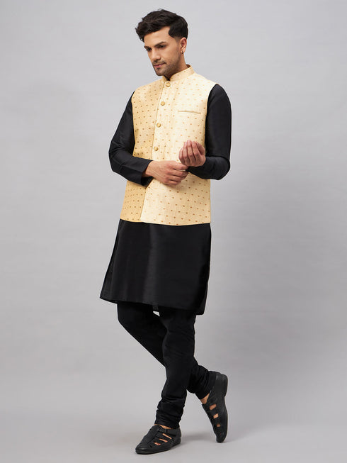 Vastramay Men's Gold Zari Weaved Jacket With Kurta Pyjama Set