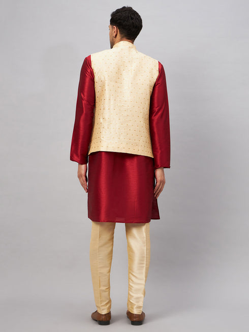 Vastramay Men's Gold Zari Weaved Jacket With Kurta Pant Set
