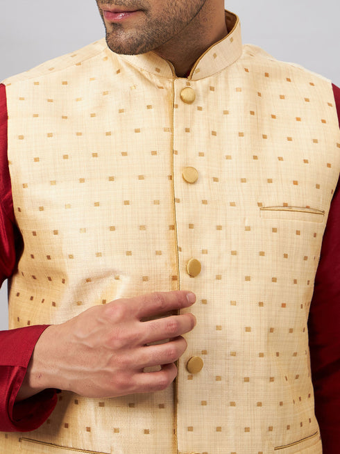 Vastramay Men's Gold Zari Weaved Jacket With Kurta Pant Set