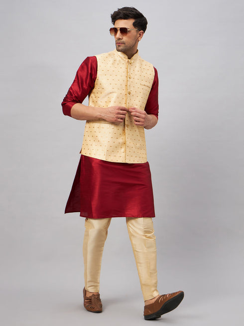 Vastramay Men's Gold Zari Weaved Jacket With Kurta Pant Set