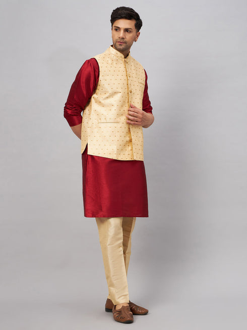 Vastramay Men's Gold Zari Weaved Jacket With Kurta Pant Set