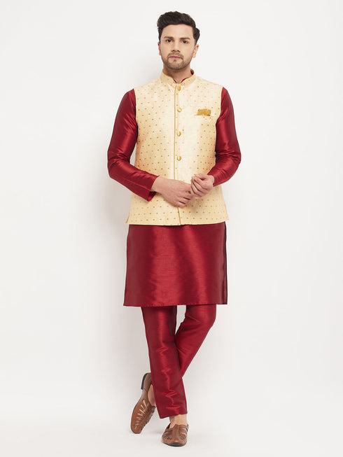 Vastramay Men's Gold Zari Weaved Jacket With Kurta Pant Set