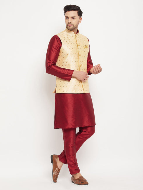 Vastramay Men's Gold Zari Weaved Jacket With Kurta Pant Set