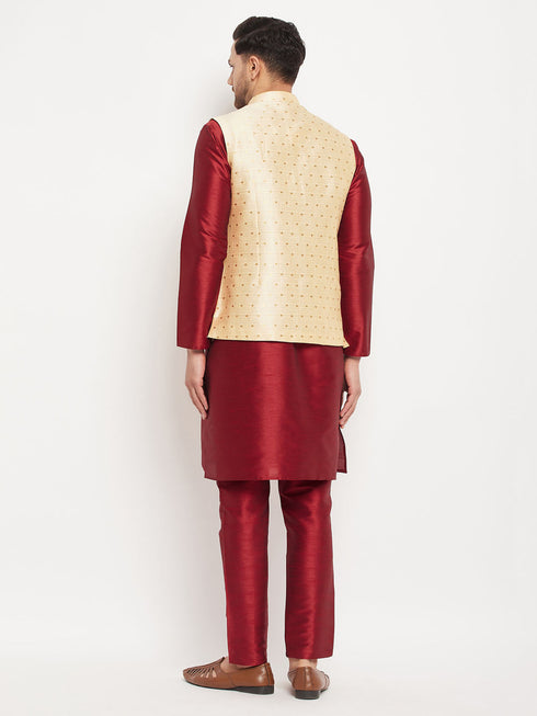 Vastramay Men's Gold Zari Weaved Jacket With Kurta Pant Set