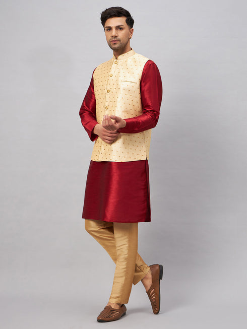 Vastramay Men's Gold Zari Weaved Jacket With Kurta Pant Set
