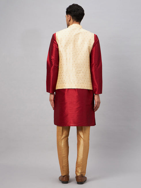 Vastramay Men's Gold Zari Weaved Jacket With Kurta Pant Set