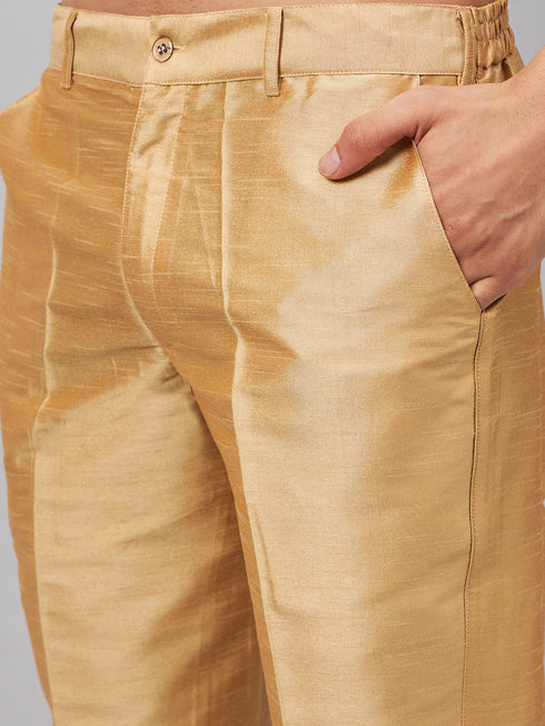 Vastramay Men's Gold Zari Weaved Jacket With Kurta Pant Set