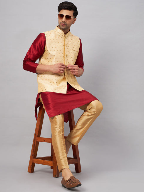 Vastramay Men's Gold Zari Weaved Jacket With Kurta Pant Set