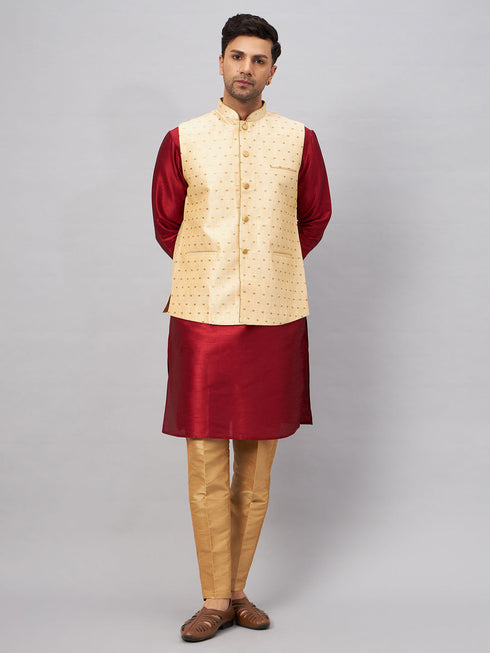 Vastramay Men's Gold Zari Weaved Jacket With Kurta Pant Set