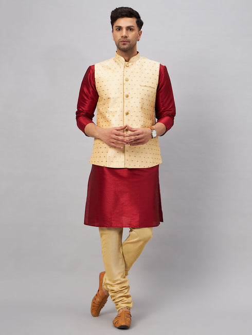 Vastramay Men's Gold Zari Weaved Jacket With Kurta Pyjama Set