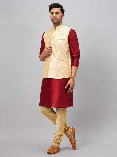 Vastramay Men's Gold Zari Weaved Jacket With Kurta Pyjama Set