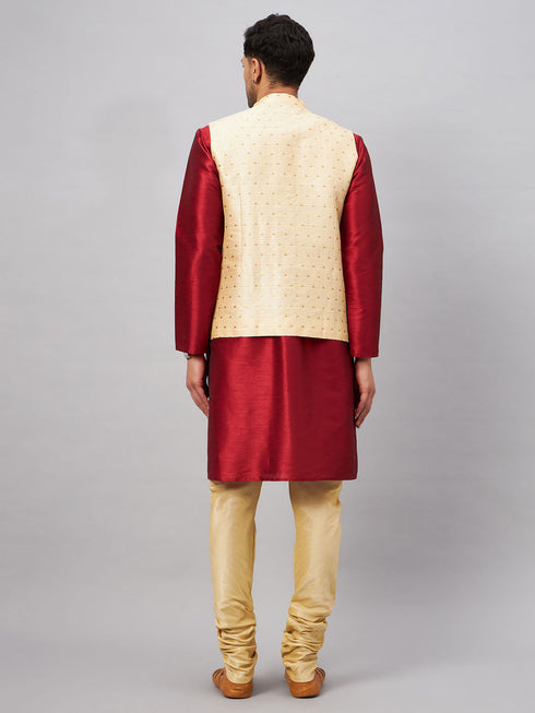 Vastramay Men's Gold Zari Weaved Jacket With Kurta Pyjama Set