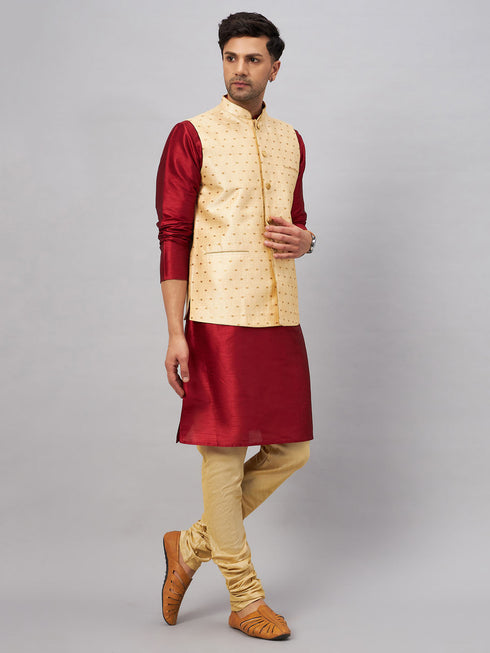 Vastramay Men's Gold Zari Weaved Jacket With Kurta Pyjama Set