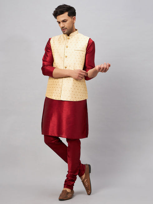 Vastramay Men's Gold Zari Weaved Jacket With Kurta Pyjama Set