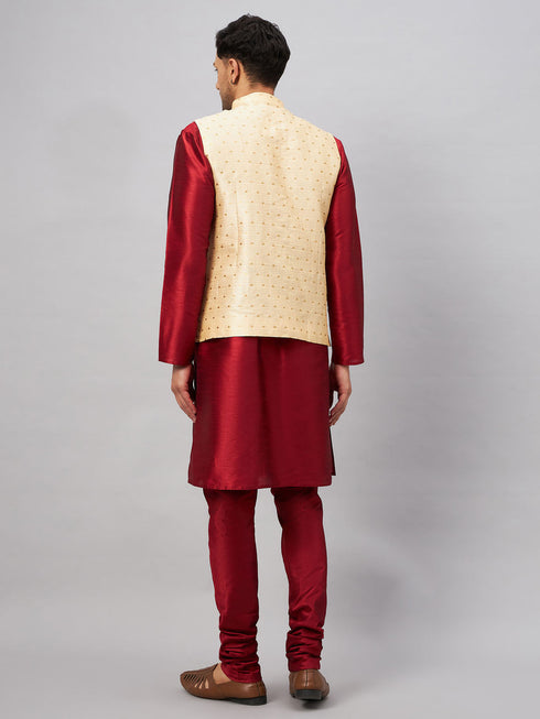 Vastramay Men's Gold Zari Weaved Jacket With Kurta Pyjama Set