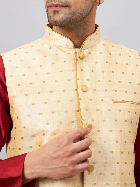 Vastramay Men's Gold Zari Weaved Jacket With Kurta Pyjama Set