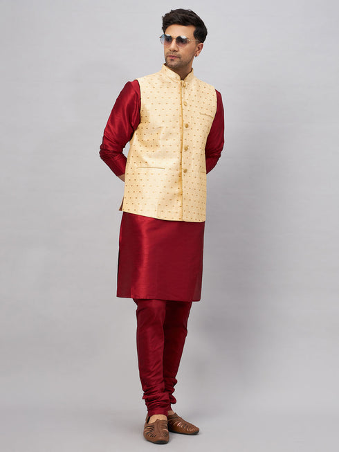 Vastramay Men's Gold Zari Weaved Jacket With Kurta Pyjama Set