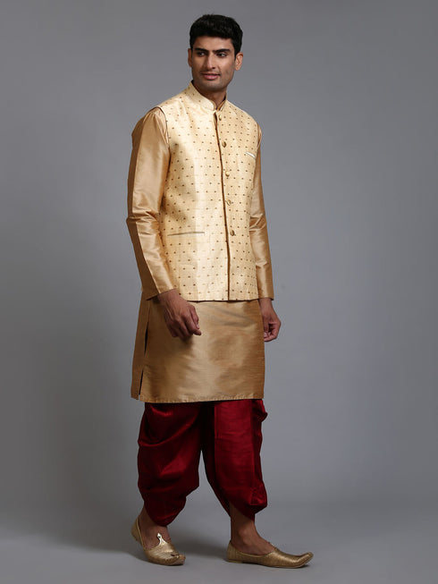 Vastramay Men's Gold Zari Weaved Jacket With Kurta Dhoti Set