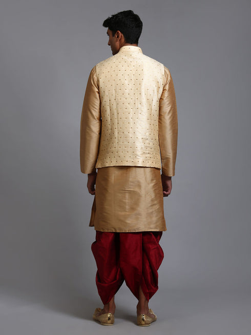 Vastramay Men's Gold Zari Weaved Jacket With Kurta Dhoti Set