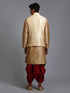 Vastramay Men's Gold Zari Weaved Jacket With Kurta Dhoti Set