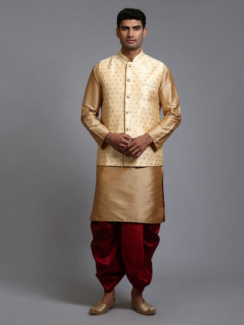 Vastramay Men's Gold Zari Weaved Jacket With Kurta Dhoti Set