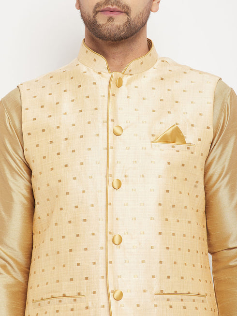 Vastramay Men's Gold Zari Weaved Jacket With Kurta Pant Set