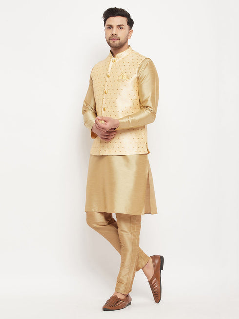 Vastramay Men's Gold Zari Weaved Jacket With Kurta Pant Set