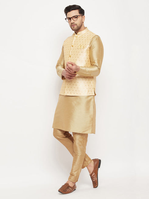 Vastramay Men's Gold Zari Weaved Jacket With Kurta Pant Set