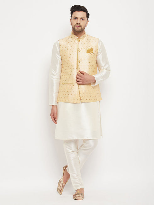 Vastramay Men's Gold Zari Weaved Jacket With Kurta Pant Set