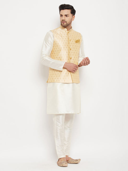 Vastramay Men's Gold Zari Weaved Jacket With Kurta Pant Set