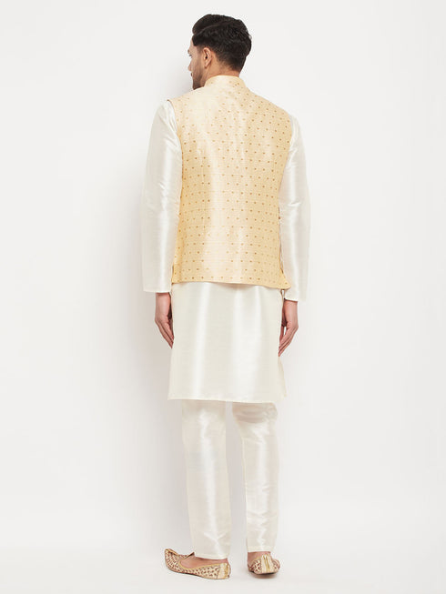 Vastramay Men's Gold Zari Weaved Jacket With Kurta Pant Set