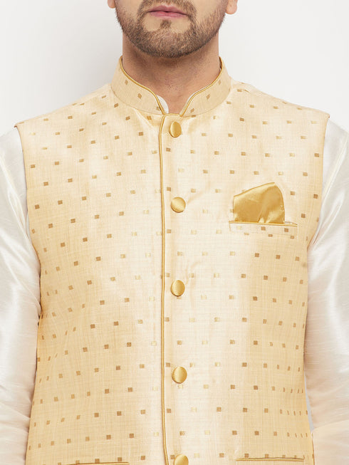 Vastramay Men's Gold Zari Weaved Jacket With Kurta Pant Set