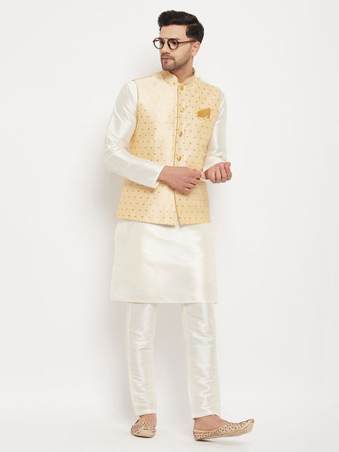 Vastramay Men's Gold Zari Weaved Jacket With Kurta Pant Set