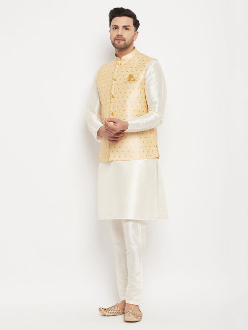 Vastramay Men's Gold Zari Weaved Jacket With Kurta Pant Set