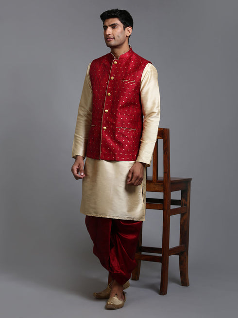 Vastramay Men's Maroon Zari Weaved Jacket With Kurta Dhoti Set